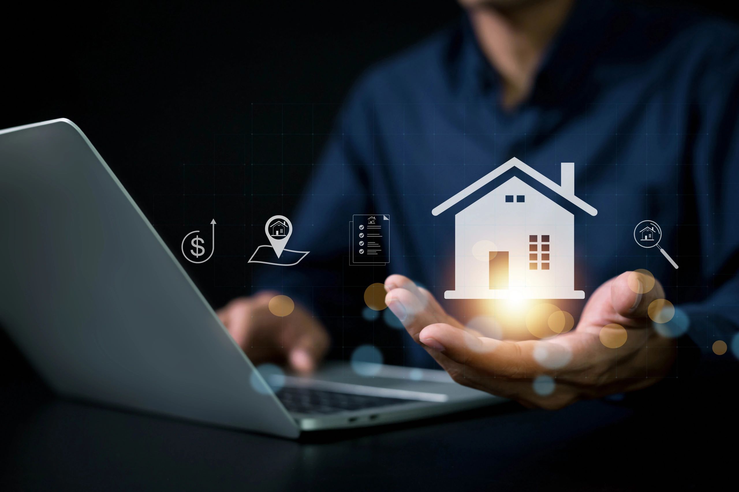 A person using a laptop displays a house icon with financial and location symbols, suggesting real estate or investment.